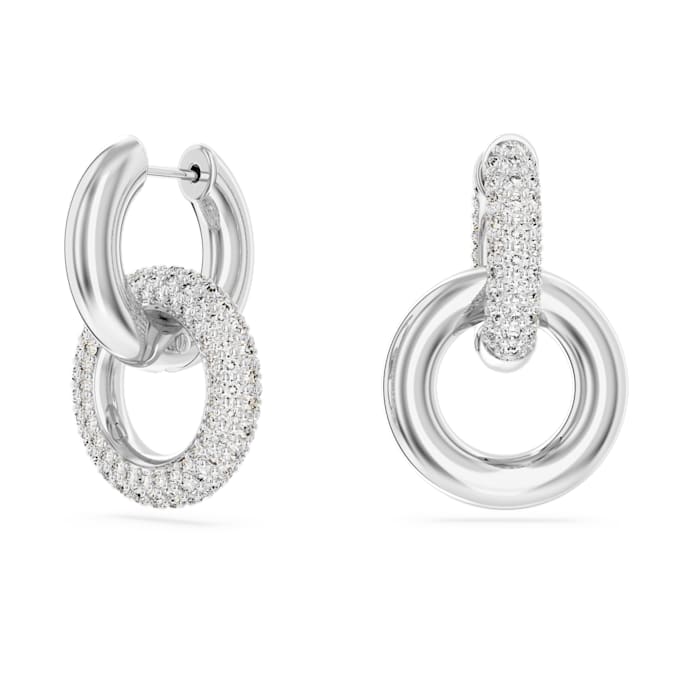 Swarovski Dextera Hoop Earrings Asymmetrical Design, Interlocking Loop, White, Rhodium Plated