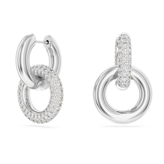 Swarovski Dextera Hoop Earrings Asymmetrical Design, Interlocking Loop, White, Rhodium Plated
