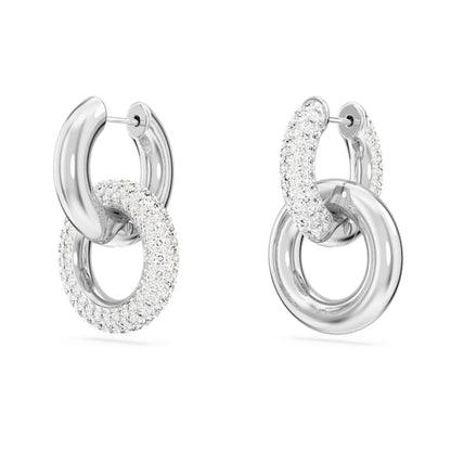 Swarovski Dextera Hoop Earrings Asymmetrical Design, Interlocking Loop, White, Rhodium Plated