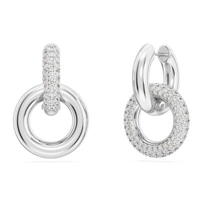 Swarovski Dextera Hoop Earrings Asymmetrical Design, Interlocking Loop, White, Rhodium Plated