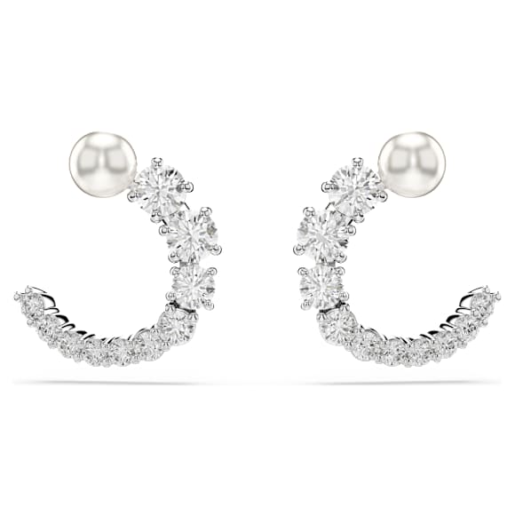 Swarovski Matrix Hoop Earrings, Crystal Pearl, Round Cut, White, Rhodium Plated — 5692260 — view 1