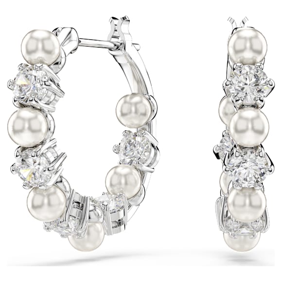 Swarovski Matrix Hoop Earrings, Crystal Pearl, Round Cut, White, Rhodium Plated — 5709256 — view 1