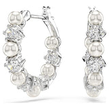 Swarovski Matrix Hoop Earrings, Crystal Pearl, Round Cut, White, Rhodium Plated — 5709256 — view 1