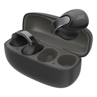 JVC Nearphones Wireless Open-Earcuffs Headphones - Coal Black — JVC HA-NP1T B case open angled R-fly
