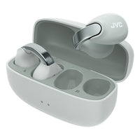 JVC Nearphones Wireless Open-Earcuffs Headphones - Ice Grey — JVC HA-NP1T H case open angled R-fly