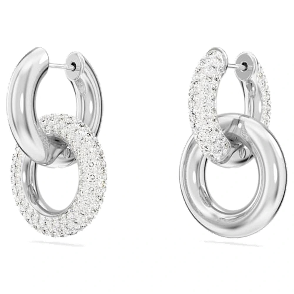 Swarovski Dextera Hoop Earrings, Asymmetrical Design, Interlocking Loop, White, Rhodium Plated