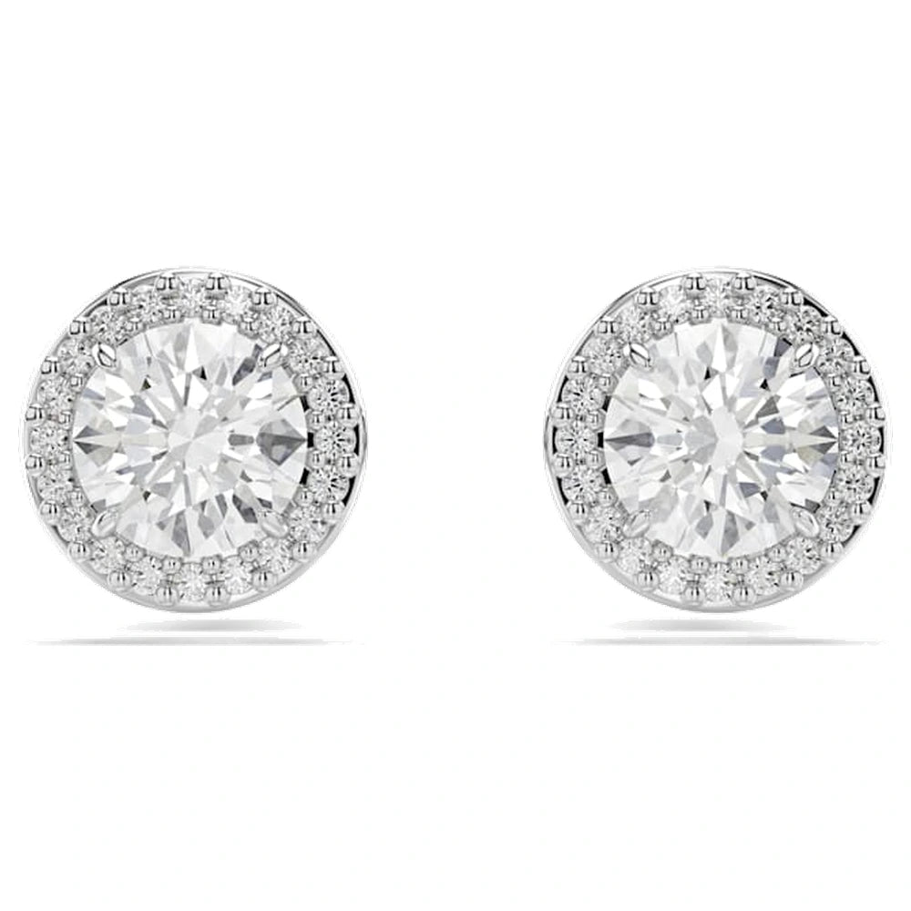 Puces d'oreilles Swarovski Constella, coupe ronde, pavées, blanches, plaquées de rhodium