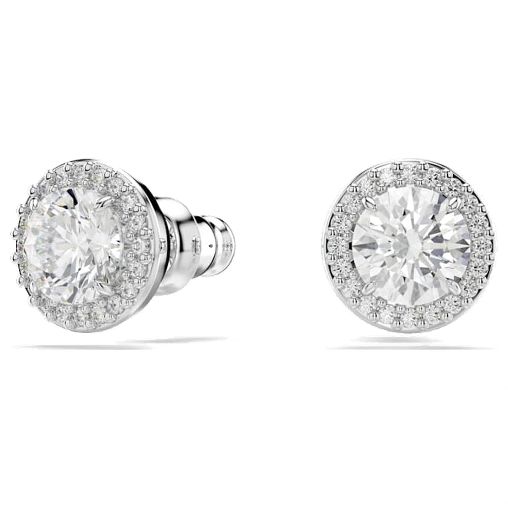 Puces d'oreilles Swarovski Constella, coupe ronde, pavées, blanches, plaquées de rhodium