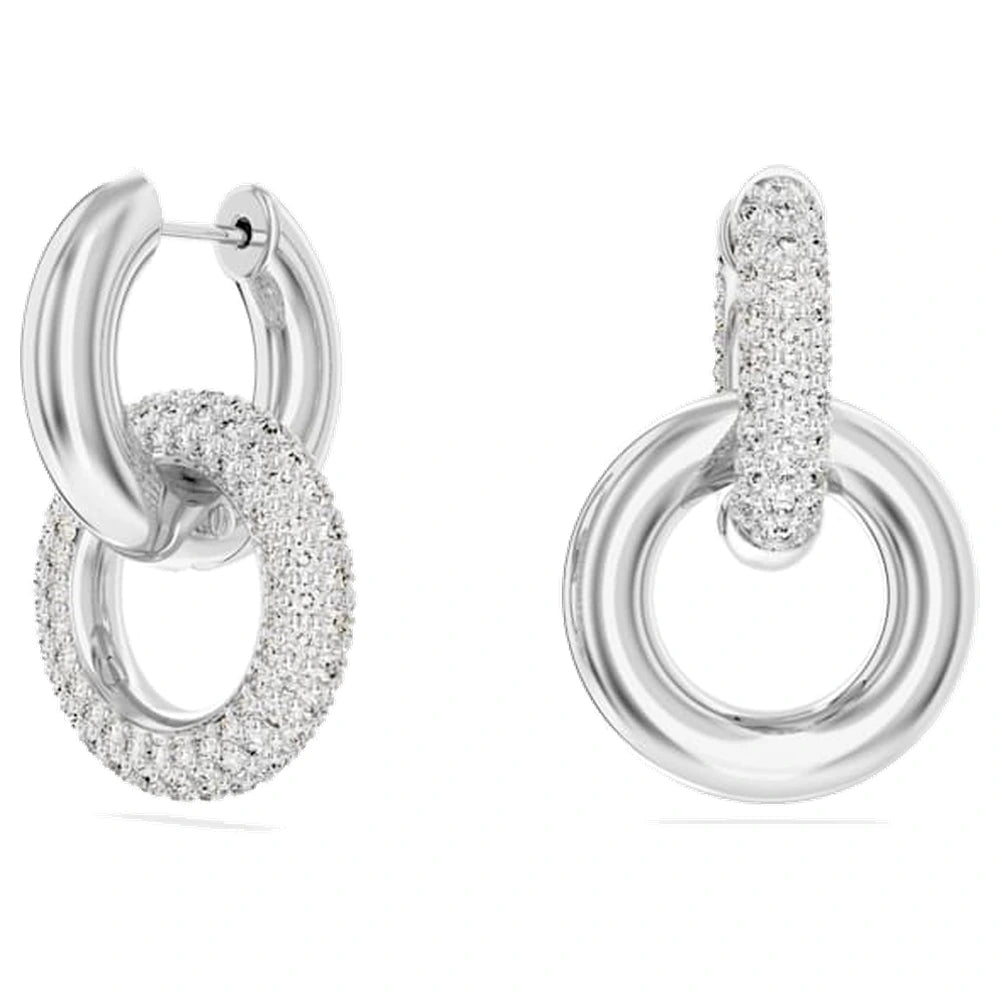 Swarovski Dextera Hoop Earrings, Asymmetrical Design, Interlocking Loop, White, Rhodium Plated