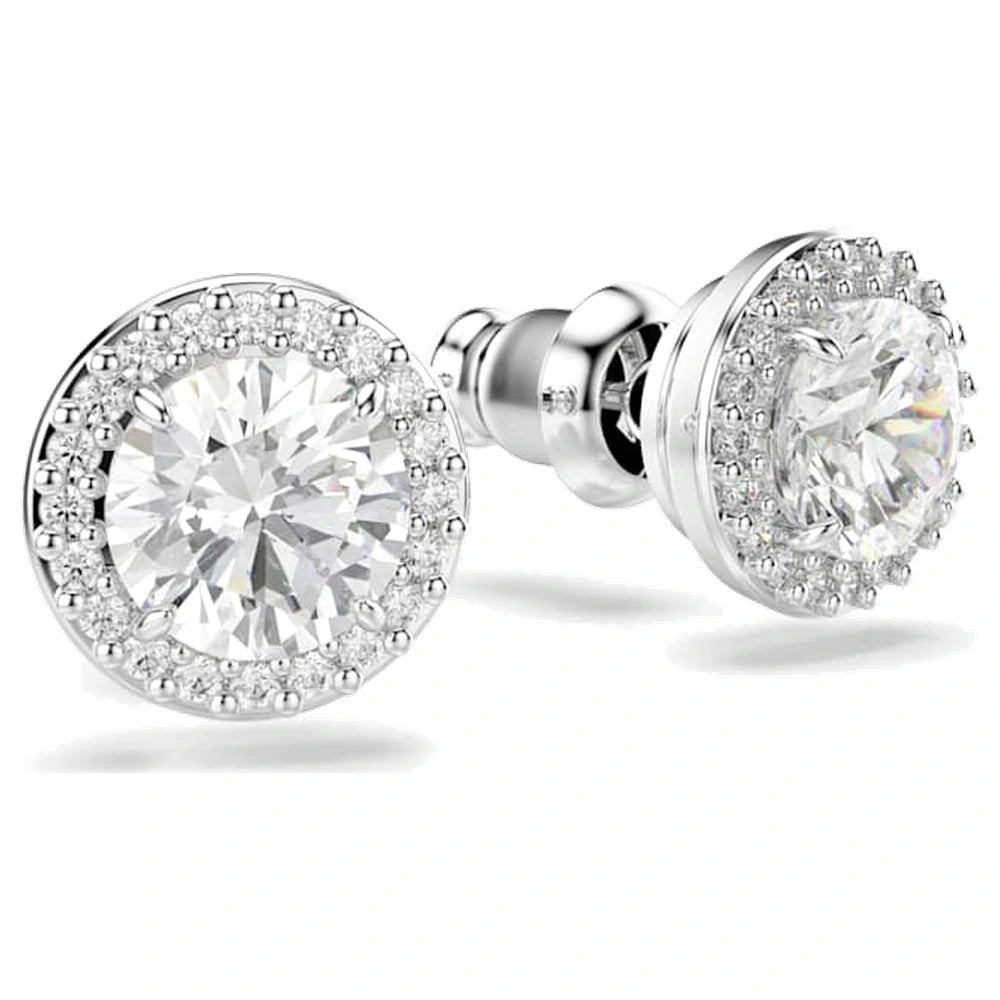 Puces d'oreilles Swarovski Constella, coupe ronde, pavées, blanches, plaquées de rhodium